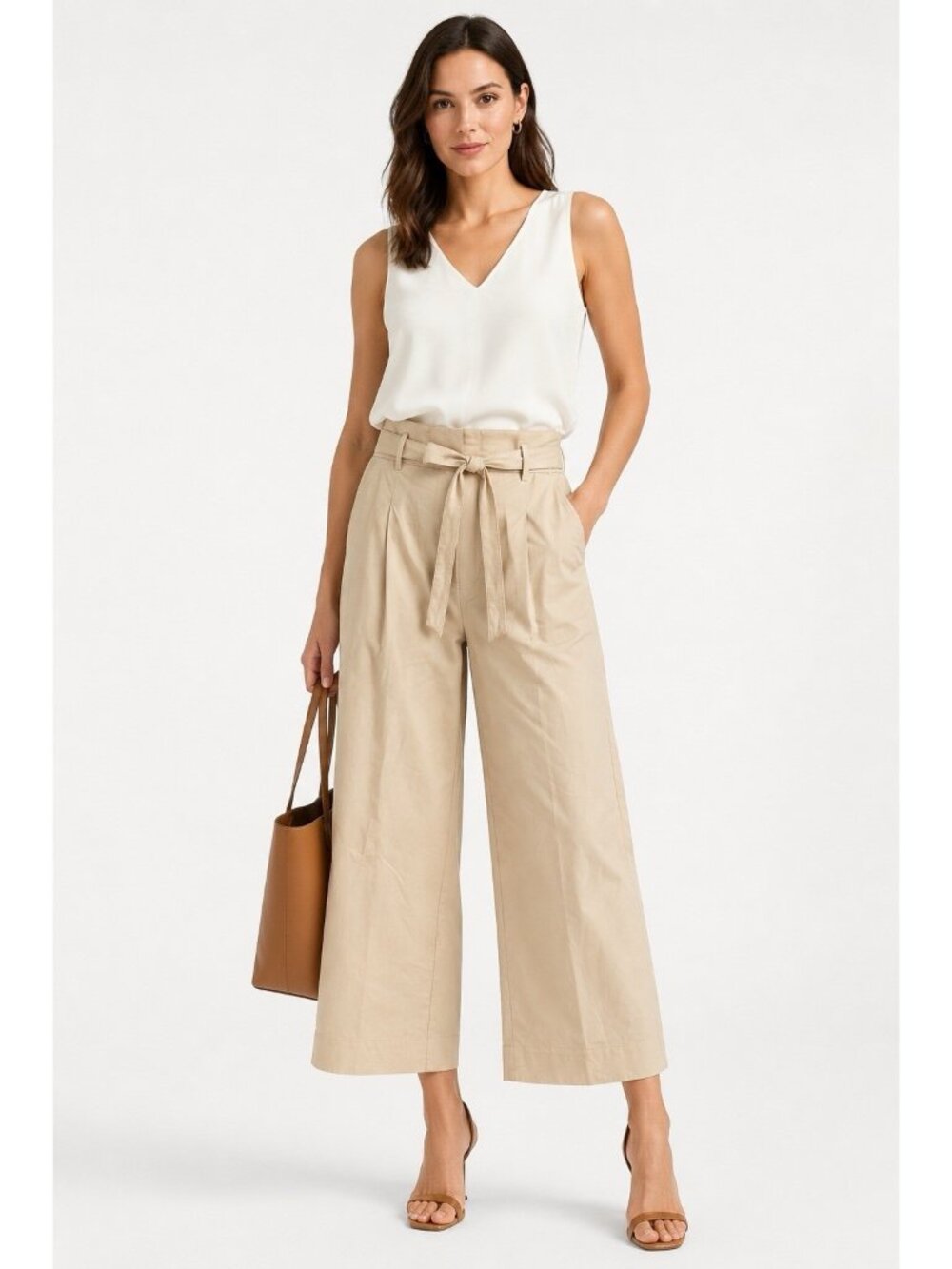 ANN TAYLOR wide leg cropped ankle pants khaki 8P petite belted cotton poplin